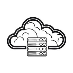 Poster - Cloud computing data storage infrastructure and network symbol, database servers in clouds black and white digital conceptual
