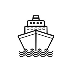 Poster - A simple line art illustration of a large passenger cruise ship sailing on ocean waves from the front view.