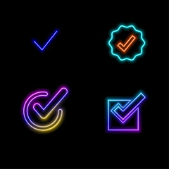 Aufkleber - neon style,Approved icon. Blue star shape and white check mark icon. 3D rendering