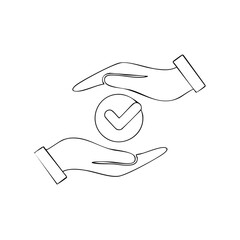 Poster - Two open hands holding a checkmark inside a circle in a simple line drawing style