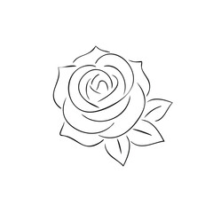 Poster - Rose Flower Outlined on White Background Elegant Floral Design with Leaves