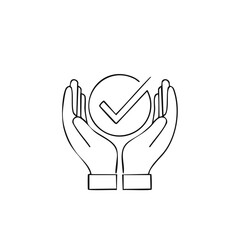 Poster - Hands Cupping Check Mark Inside Circle Simple Outline Illustration Representing Approval or Success