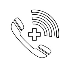 Poster - Outline icon of a telephone receiver and medical cross with radiating signal waves symbolizing urgent medical assistance and helpline communication.