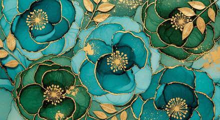 Aufkleber - Abstract teal and green floral artwork with gold accents, showcasing elegant and luxurious design, ideal for decorative purposes