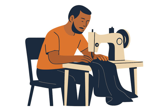 A tailor is depicted in silhouette working at a sewing machine, intended as a design concept for a company logo