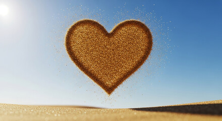 Aufkleber - Sand heart shape against blue sky, particles falling down, symbolizing love, affection, Valentine's Day, or summer romance