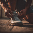 © AndyGordon - Close-up of a man tying his running shoes before a workout in warm evening light.