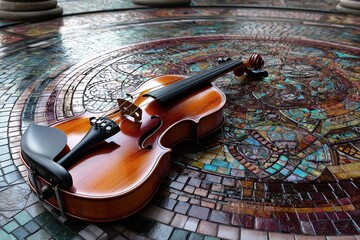 Poster - Violin resting on intricate tiled floor in an artistic indoor setting