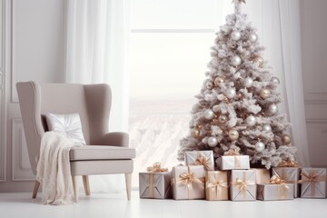 Poster - Christmas tree with gold and silver decorations and presents in a bright living room