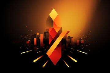 Poster - Abstract orange and yellow glowing crystal emerging from dark cityscape with particles