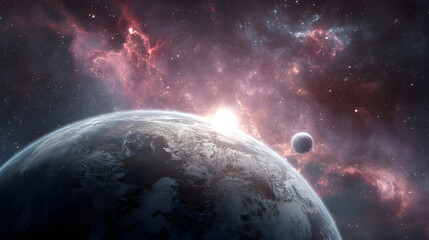 Wall Mural - A view of a planet and its moon against a backdrop of a colorful nebula and distant stars in space