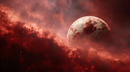 Wall Mural - A red planet with a cloudy atmosphere in a dark space scene with distant stars and cosmic dust