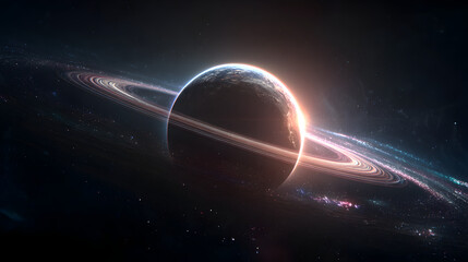 Wall Mural - A distant planet with rings and a glowing atmosphere in the vast expanse of the cosmos and starlight