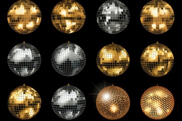Poster - Collection of realistic golden and silver disco balls reflecting light on black background, perfect for party and celebration themes