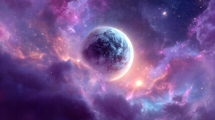 A vibrant planet surrounded by colorful nebula clouds and twinkling stars in a cosmic landscape view