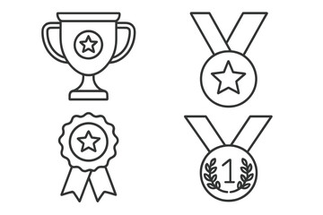 Poster - Trophy and medal vector icon set. Outline symbols for victory, success, and achievement. First place winner prize, champion cup, and award ribbon for competition.