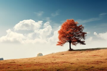 Poster - Stunning autumn landscape featuring a vibrant red tree standing alone on a hill, under a cloudy sky