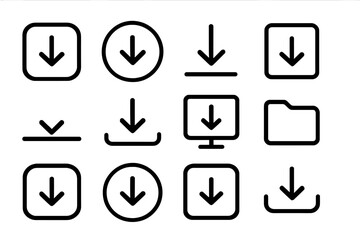 Poster - Download icon pack with arrow symbols. Simple line art vector set for UI and UX design. Web and app interface elements. Minimalist download buttons and signs.