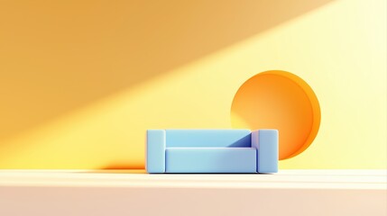 Poster - Minimalist Blue Couch on Light Yellow Background with Circular Cut-out Shadow