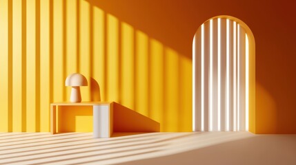 Poster - Bright and Modern Interior Scene with Geometric Shapes and Soft Shadows in Warm Yellow Tones