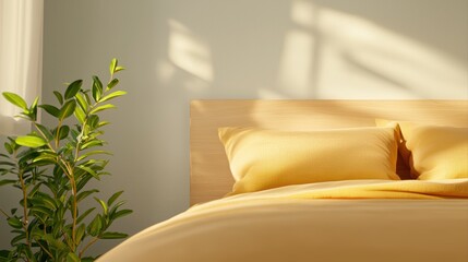 Poster - Cozy Bedroom with Yellow Accents and Natural Light Creating a Warm Atmosphere in Interior Design
