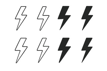 Poster - Lightning bolt flat icons set. Outline and silhouette flash symbols. Electric power, high voltage or charge signs. Vector graphic elements for design and web illustration.
