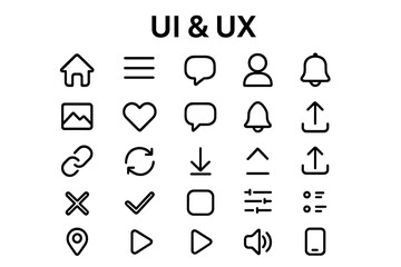Poster - Line icon set for UI and UX design. Web and mobile interface essentials pack. Vector symbols for apps, including home, user, notification, like, download and settings.