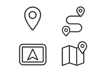 Poster - Navigation and location line icons set. GPS pin, map pointer, journey route, destination. Vector thin line symbols for travel, direction, and pathfinding for web or app.