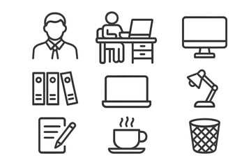 Poster - Office and business line icons. Employee working at computer desk. Workspace items and equipment symbols. Vector linear icon set for website, app, and infographics.