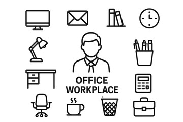 Poster - Office workplace icon set in thin line style. Business employee, corporate worker pictogram collection. Vector web icons for website and mobile app design. Work concept.
