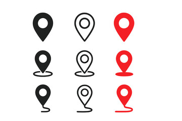 Poster - Map location pin icon set. GPS pointer and destination marker symbols for navigation. Flat vector graphic for website, app, and UI design. Position and address concept.