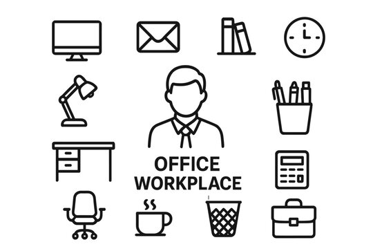 Office workplace icon set in thin line style. Business employee, corporate worker pictogram collection. Vector web icons for website and mobile app design. Work concept.