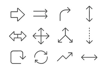 Poster - Vector arrow line icon set. Collection of thin outline symbols for navigation, direction, UI UX. Graphic elements for website, mobile app. Move, resize, refresh, growth.