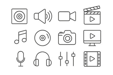 Poster - Audio video line icon set. Multimedia entertainment signs. Thin linear pictogram collection for web and mobile apps. Music, movie, photo, and sound symbols for UI design.