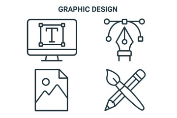 Poster - Vector graphic design icons collection. Thin line symbols for web, UI, UX, and app development. Includes pen tool, typography, picture file, pencil, and paintbrush icons.