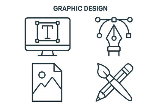 Vector graphic design icons collection. Thin line symbols for web, UI, UX, and app development. Includes pen tool, typography, picture file, pencil, and paintbrush icons.