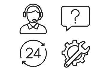 Poster - Customer support icon set. Contact us, help desk, and technical service signs. Call center operator with headset, FAQ, 24/7 service, and repair tool symbols.