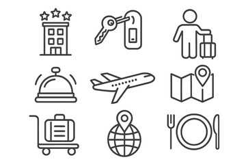 Poster - Hotel and travel line icon set. Vector symbols for tourism, vacation, flight booking, and accommodation. Concepts for airplane, restaurant, map navigation, and hospitality service.