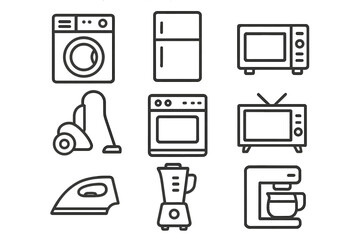 Poster - Household appliances icon set. Home electronics and kitchen equipment collection. Simple linear icons for web design. Washing machine, fridge, tv, microwave, vacuum, iron.