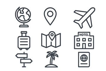 Poster - Travel and tourism icon set. Vector line icons for website, application, booking services. Includes airplane, hotel, map, passport, luggage, location, globe, vacation.