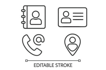 Poster - Contact information linear icons set. User data, address book, ID card, person location pin. Communication symbols for phone and email. Website interface elements. Editable stroke.