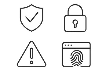 Poster - Cybersecurity line icon set. Data protection, privacy, and safety concepts. Vector icons include shield, lock, warning sign, and fingerprint ID for web and apps.