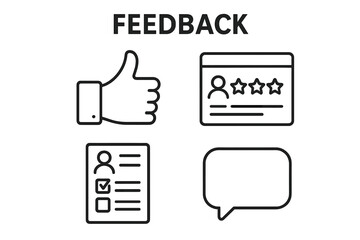 Poster - Feedback vector line icon set. User opinion, customer review, and survey symbols. Thumbs up like, star rating, and comment bubble for internet content satisfaction.