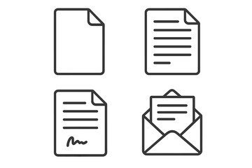 Poster - Document and file line icon set. Thin line vector icons. Includes blank paper sheet, signed contract or agreement, and letter in an open envelope. Office paperwork pictogram collection.