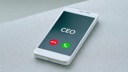 A white smartphone on a gray fabric surface displays an incoming call screen labeled 