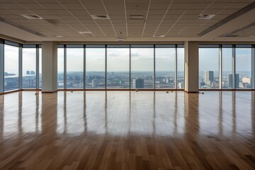 Poster - Spacious empty office space with polished wooden floor and panoramic windows revealing a cityscape view