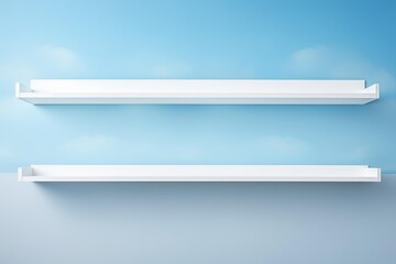 Poster - Two empty white shelves are hanging on a blue wall with a cloudy sky design, creating a simple and modern backdrop