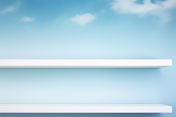 Poster - Two empty white shelves on a light blue wall with a cloudy sky background create a clean and modern display space
