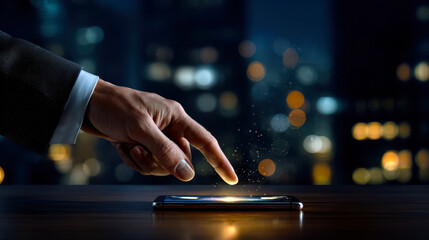 Poster - Close-up of a businessman's finger interacting with a glowing smartphone screen, set against a blurred city nightscape.
