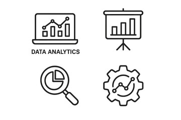 Poster - Data analytics line icon set – laptop bar chart, presentation board graph, pie chart magnifying glass, cog with trend line. Flat linear app UI symbols, editable stroke illustration